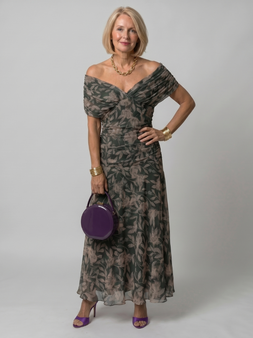 Calen | Anmutiges schulterfrei-Midi-Kleid für Damen mit Fließender Silhouette