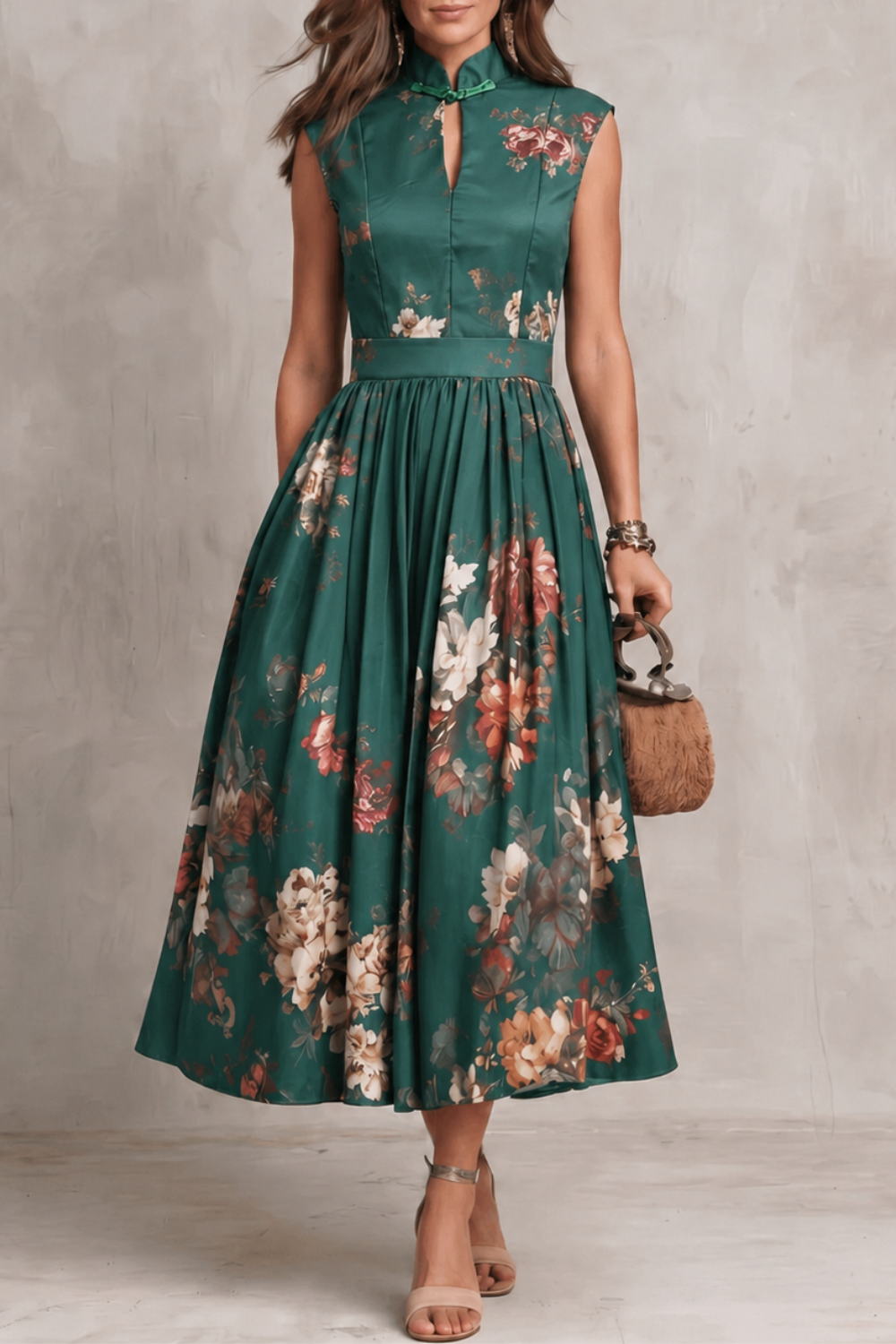 Elena | Damen ärmelloses Midikleid mit Blumenmuster