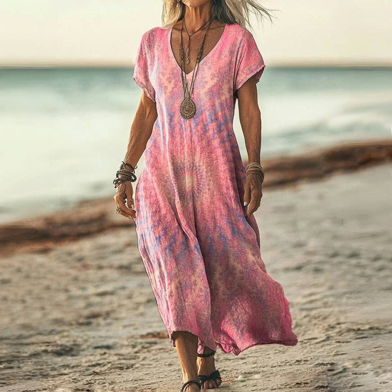 Luna | Vintage Gradient Kleid für Damen mit V-Ausschnitt und kurzen Ärmeln