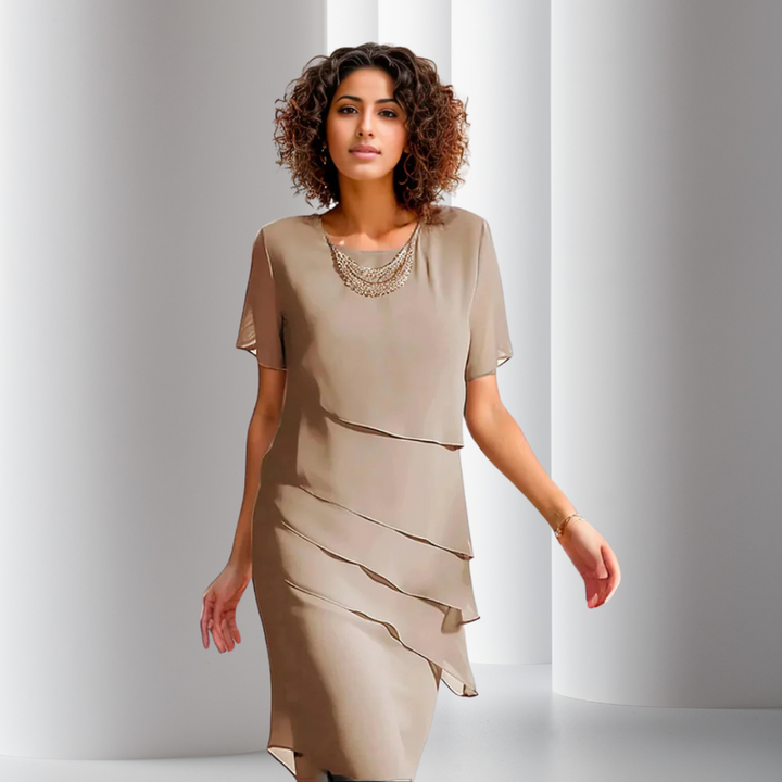Elara | Geschichtetes Midikleid für Damen mit Rundhalsausschnitt und kurzen Ärmeln