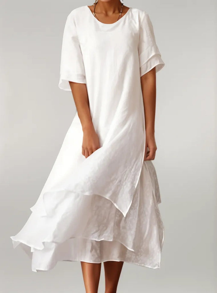 Vivienne | Elegantes Langkleid für Damen mit Rundhalsausschnitt und kurzen Ärmeln