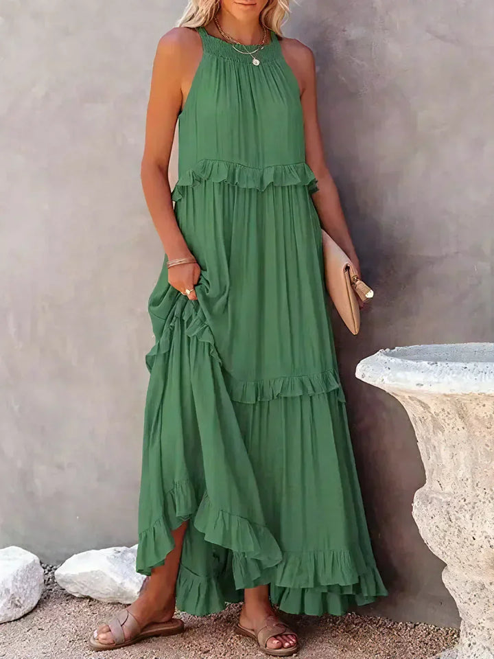 Emilia | Halter Ruffle Maxi Kleid mit langen Ärmeln