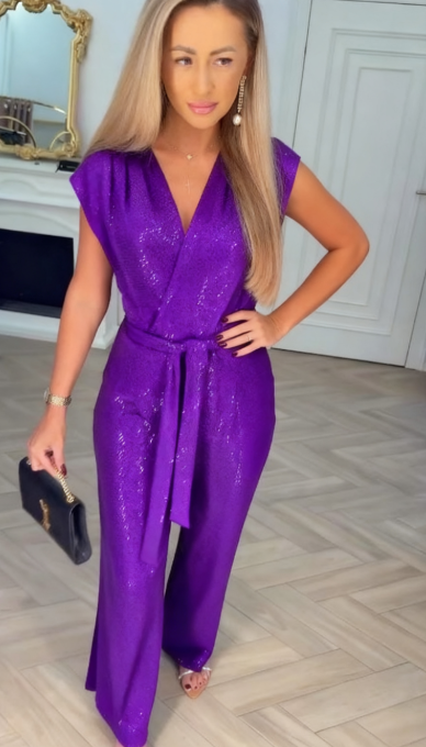 Pailletten-Einfarbiger Jumpsuit für Damen mit Bindungsdetail