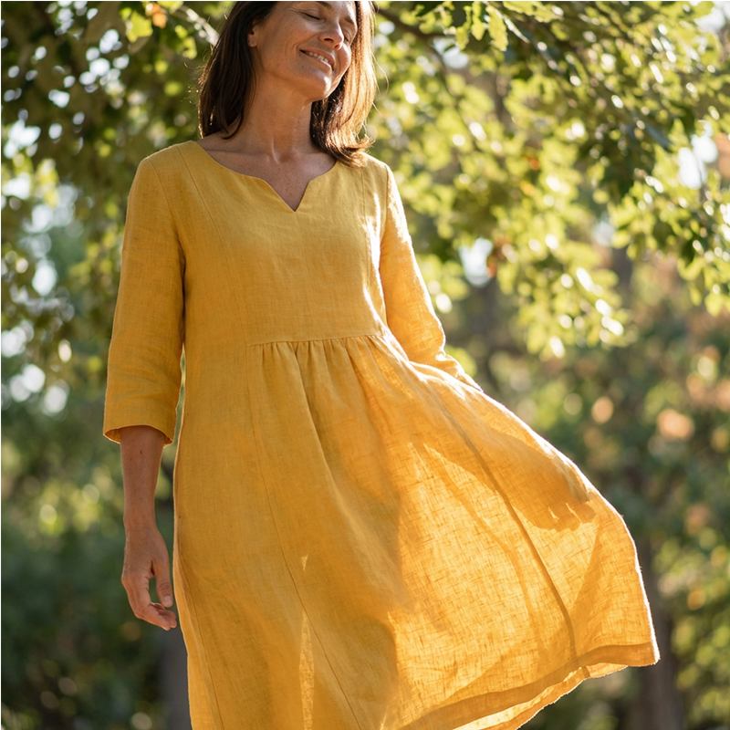 V-Ausschnitt Freizeitkleid für Damen mit 3/4 Ärmeln und Taschen