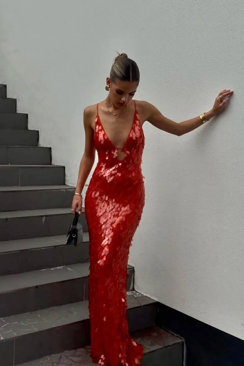 Kalea | Glitzer Pailletten Rückenfreies Trägerkleid für Damen