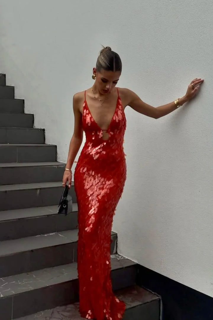 Kalea | Glitzer Pailletten Rückenfreies Trägerkleid für Damen
