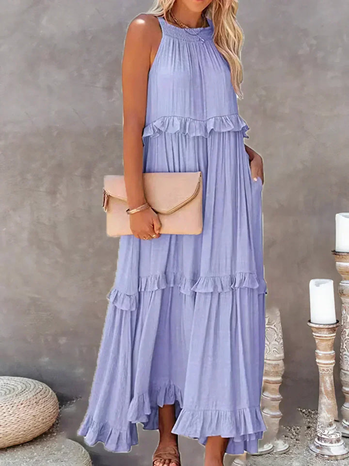 Emilia | Halter Ruffle Maxi Kleid mit langen Ärmeln