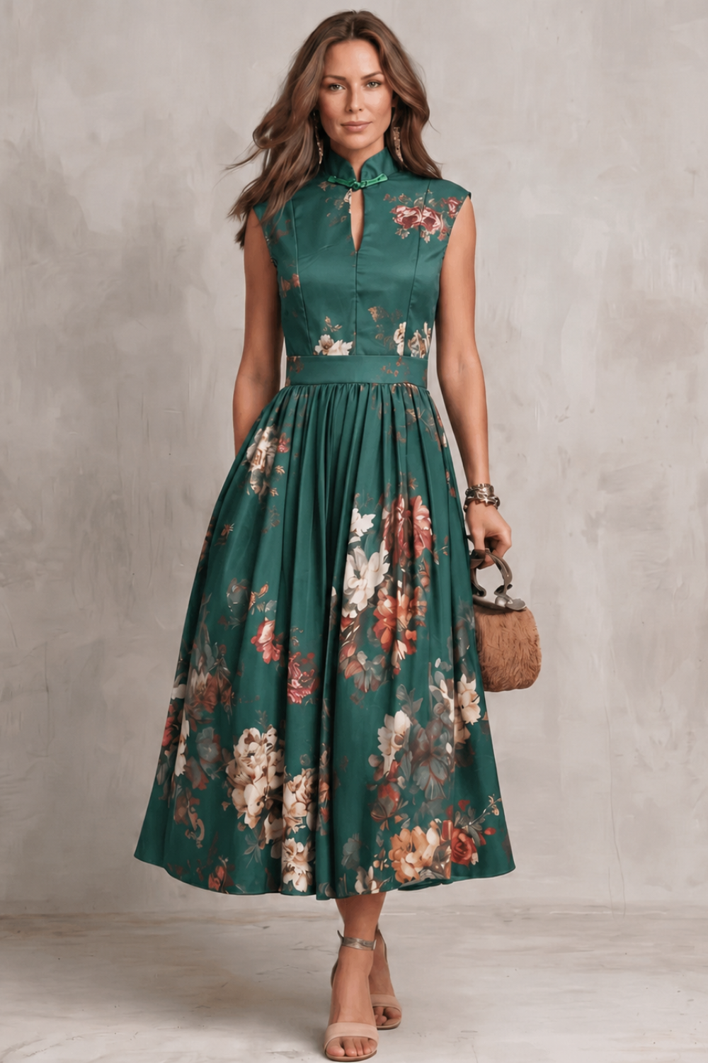 Elena | Damen ärmelloses Midikleid mit Blumenmuster
