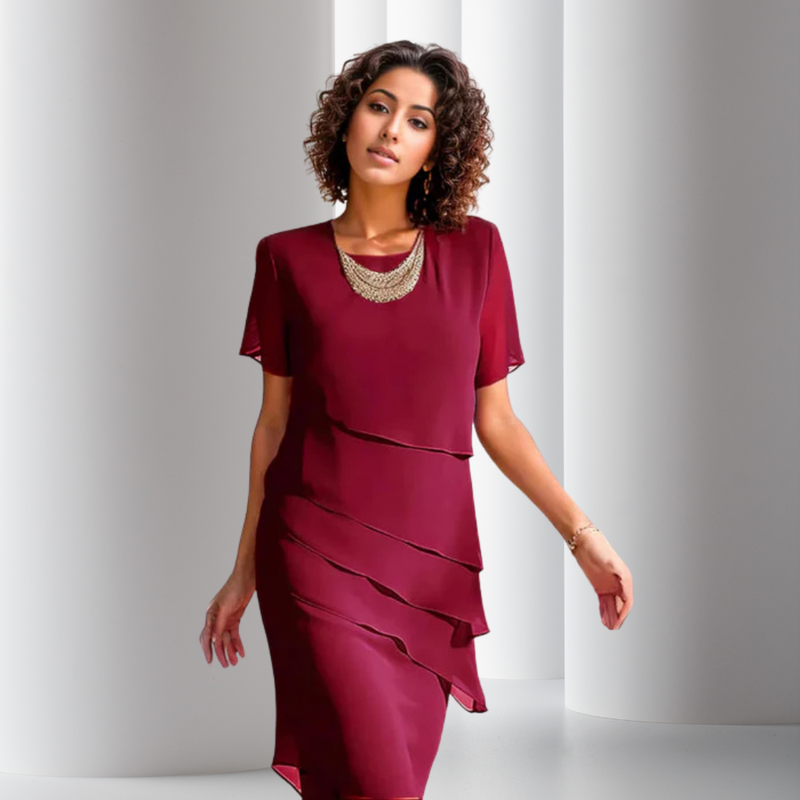 Elara | Geschichtetes Midikleid für Damen mit Rundhalsausschnitt und kurzen Ärmeln