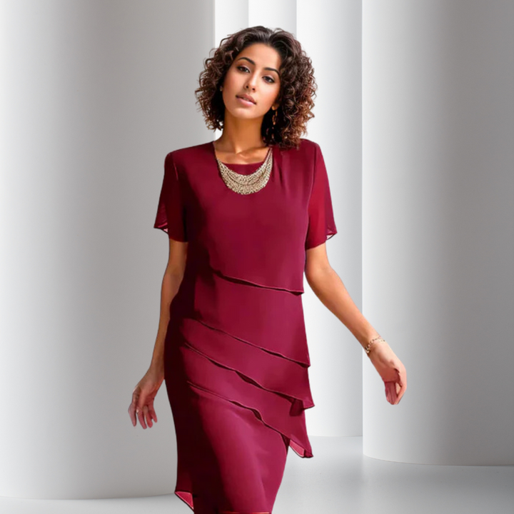 Elara | Geschichtetes Midikleid für Damen mit Rundhalsausschnitt und kurzen Ärmeln