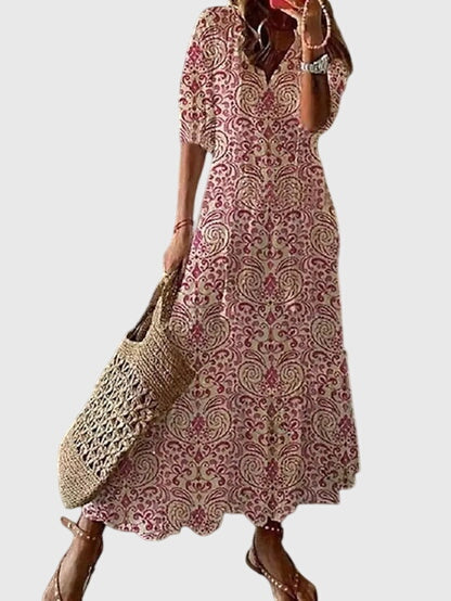 Amalia | Retro Bohemian Sommerkleid für Damen mit Blumenmuster und V-Ausschnitt