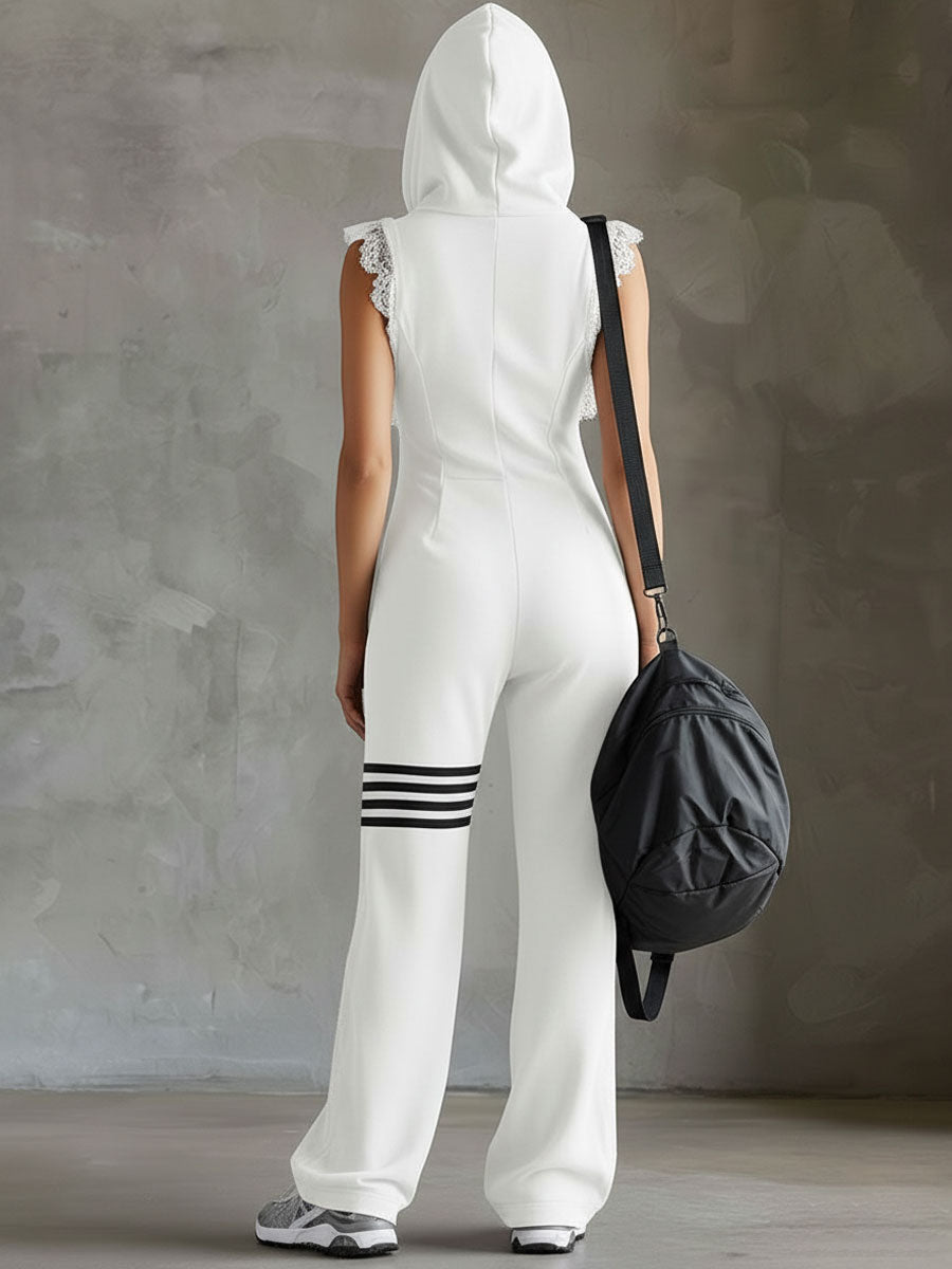Retro-inspirierter schwarzer ärmelloser Kapuzen-Jumpsuit mit sportlichen streifen