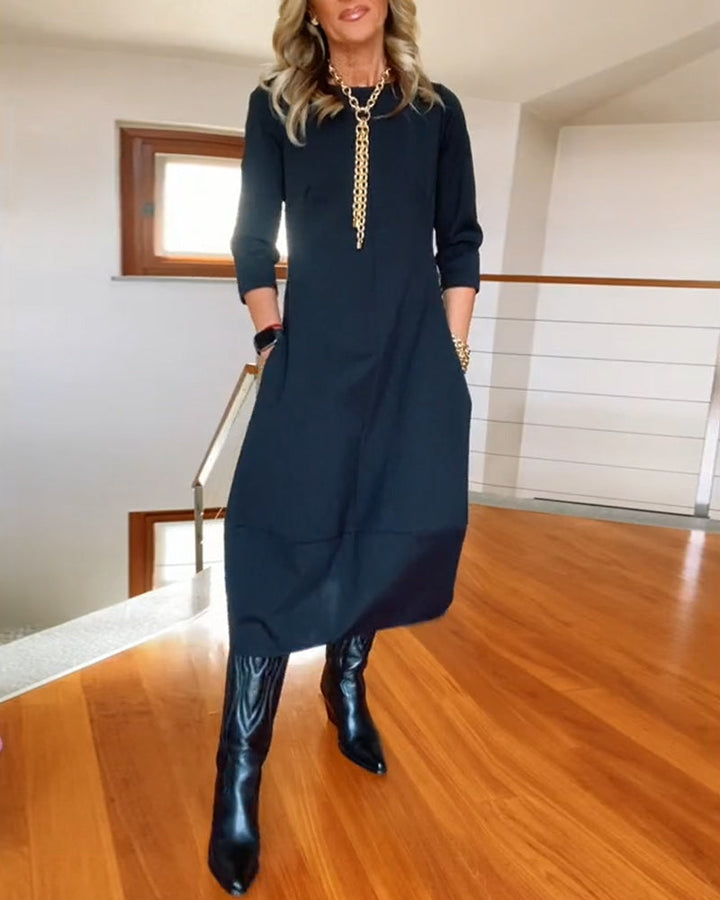 Greta | Lässiges Eleganz Midikleid für Damen mit Rundhalsausschnitt und 3/4-Ärmeln
