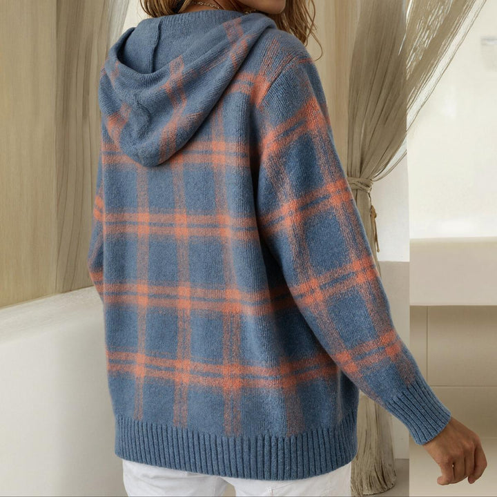Karo Blau Button-Up Hoodie Pullover für Damen mit Kapuze und langen Ärmeln