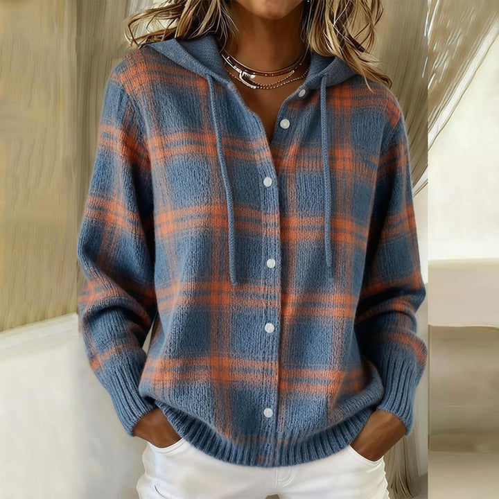 Karo Blau Button-Up Hoodie Pullover für Damen mit Kapuze und langen Ärmeln