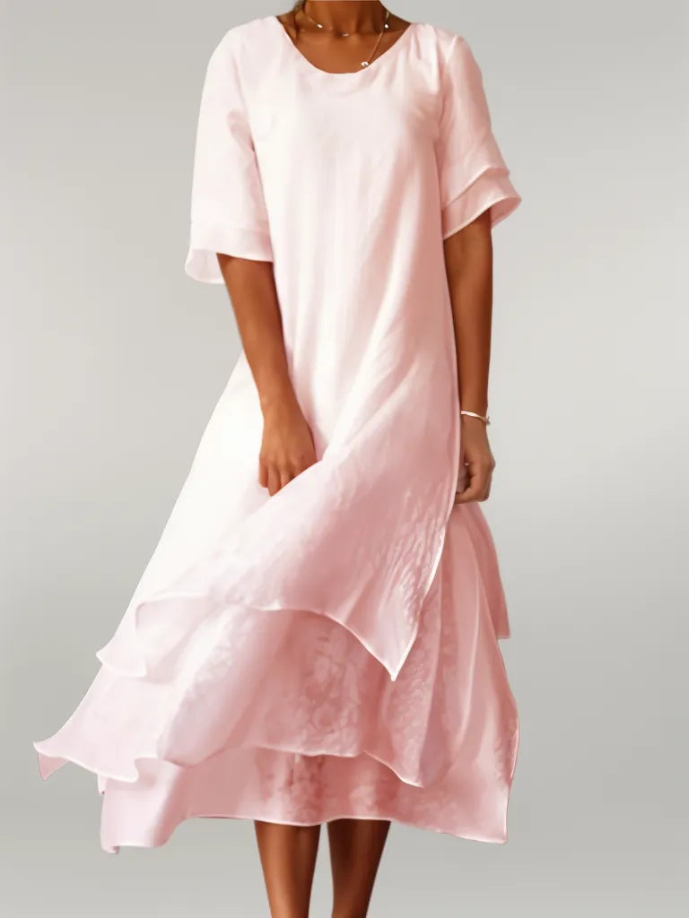 Vivienne | Elegantes Langkleid für Damen mit Rundhalsausschnitt und kurzen Ärmeln