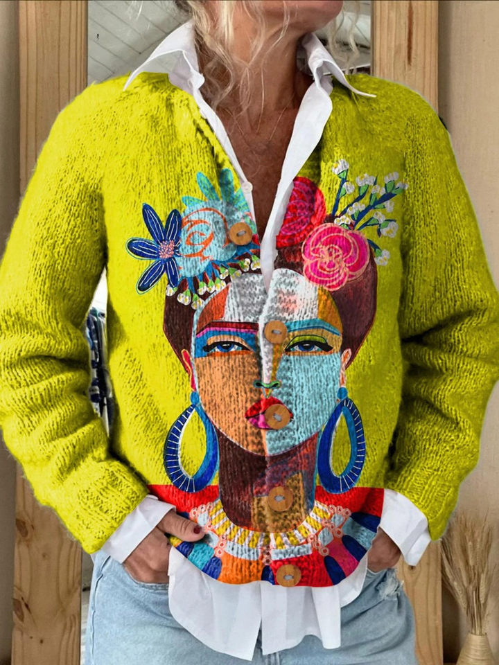 Ölgemälde Freda Porträt Kunst Druck | Knopfleiste Cardigan Pullover für Damen