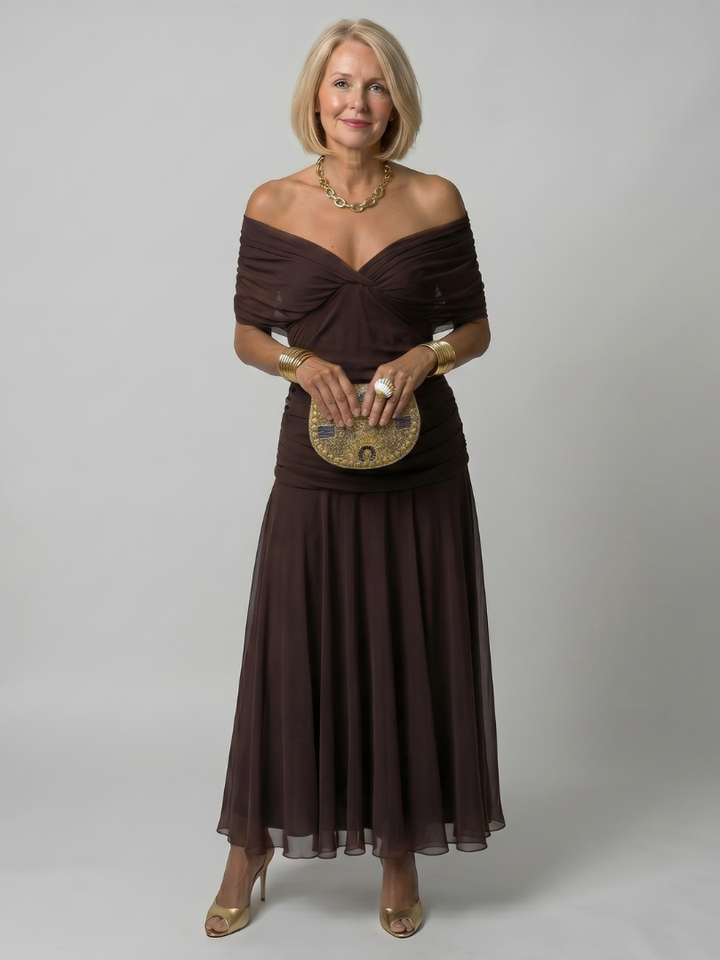 Calen | Anmutiges schulterfrei-Midi-Kleid für Damen mit Fließender Silhouette