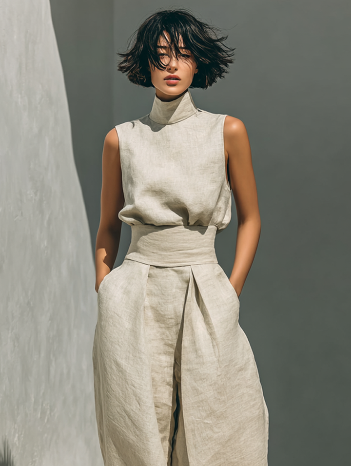 Damen Ärmellose Bluse und Weite-Hosen Ensemble mit hohem Bund