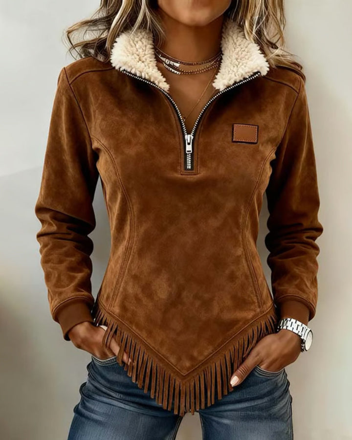 Halb-Zip Kragen Sweatshirt für Damen mit asymmetrischem Design und Fransenakzenten