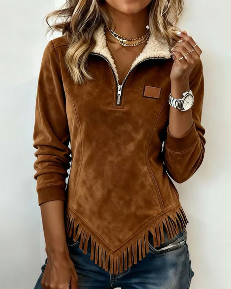 Halb-Zip Kragen Sweatshirt für Damen mit asymmetrischem Design und Fransenakzenten