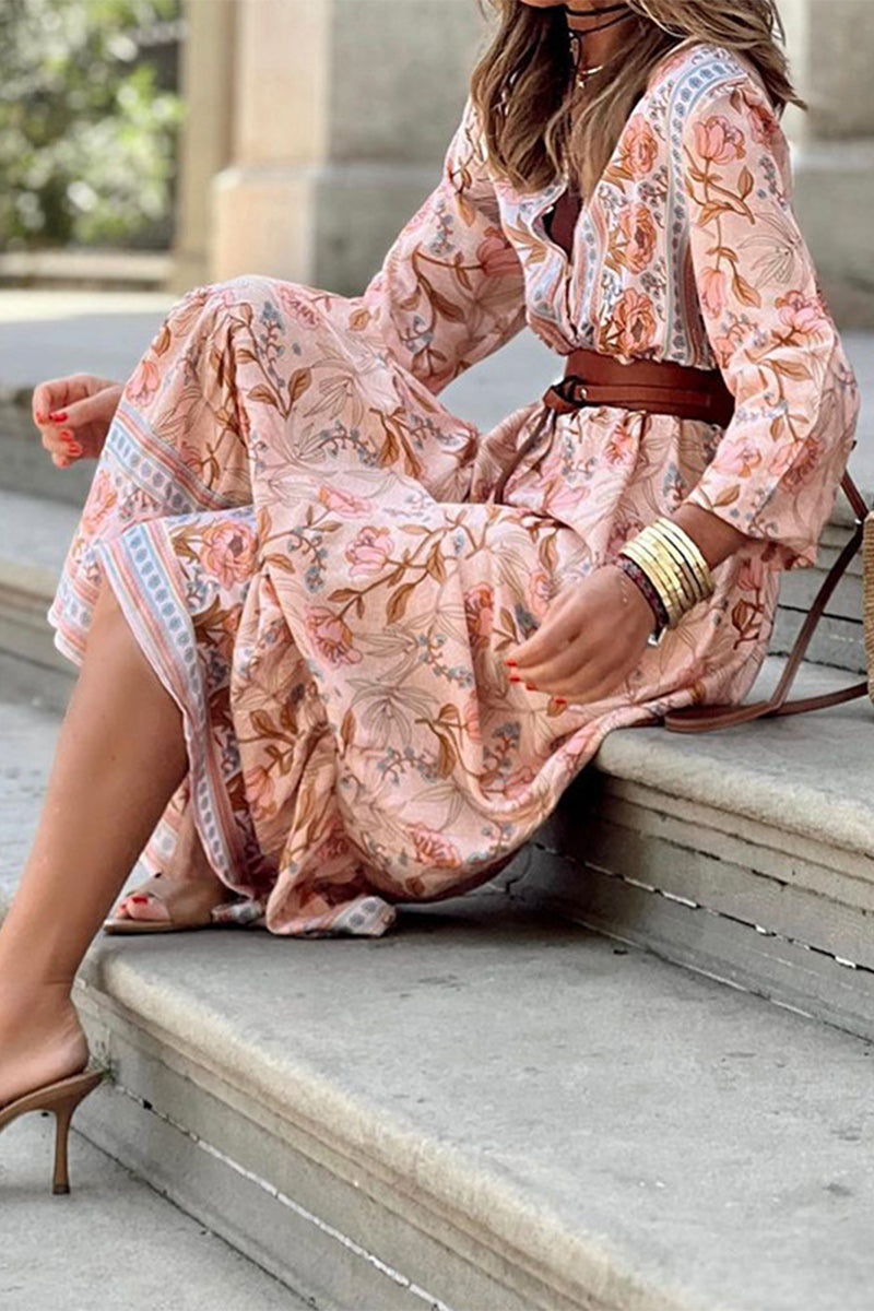 Rhyzelle | Bohemian Floral A-Linienkleid für Damen mit V-Ausschnitt und Gürtel