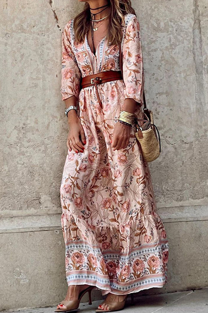 Rhyzelle | Bohemian Floral A-Linienkleid für Damen mit V-Ausschnitt und Gürtel