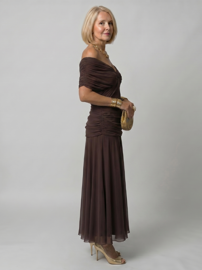 Calen | Anmutiges schulterfrei-Midi-Kleid für Damen mit Fließender Silhouette