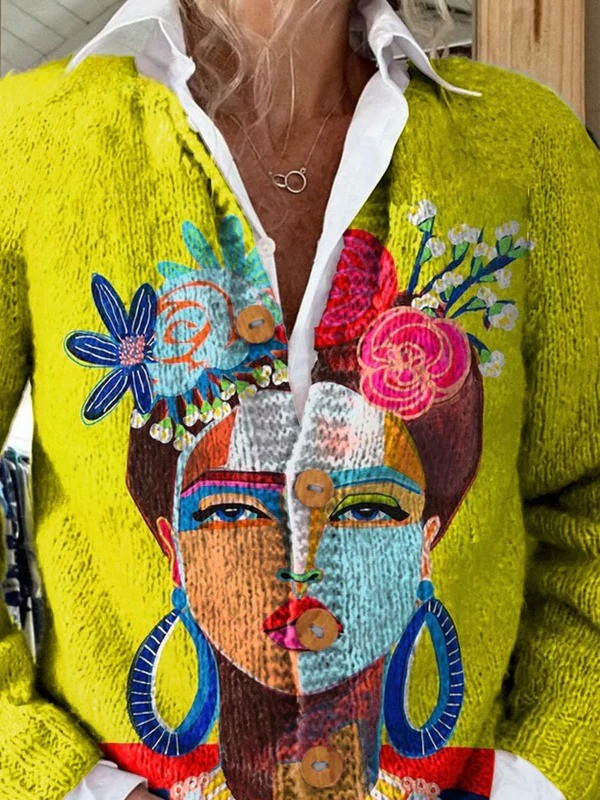 Ölgemälde Freda Porträt Kunst Druck | Knopfleiste Cardigan Pullover für Damen