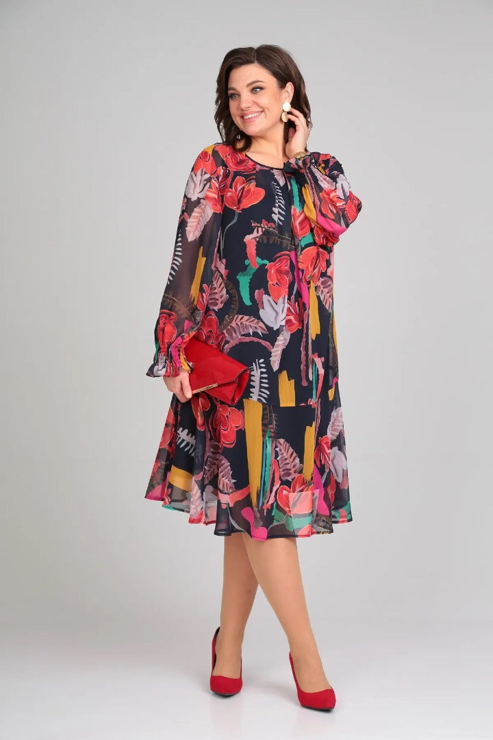 Andrea | Modisches Blumenkleid für Damen mit Rundhalsausschnitt und langen Ärmeln
