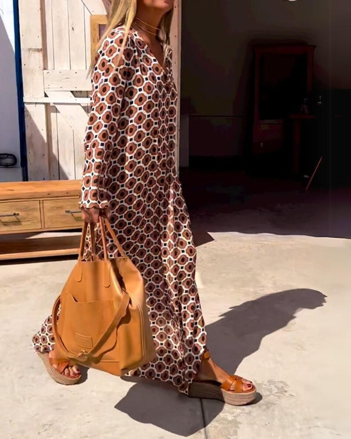 Chloe | Bauchbedeckendes Maxikleid für Damen mit V-Ausschnitt und langen Ärmeln