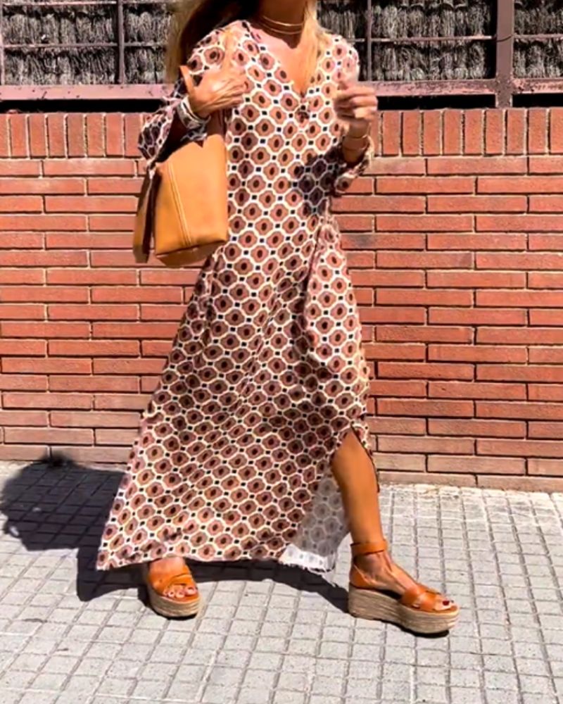 Chloe | Bauchbedeckendes Maxikleid für Damen mit V-Ausschnitt und langen Ärmeln