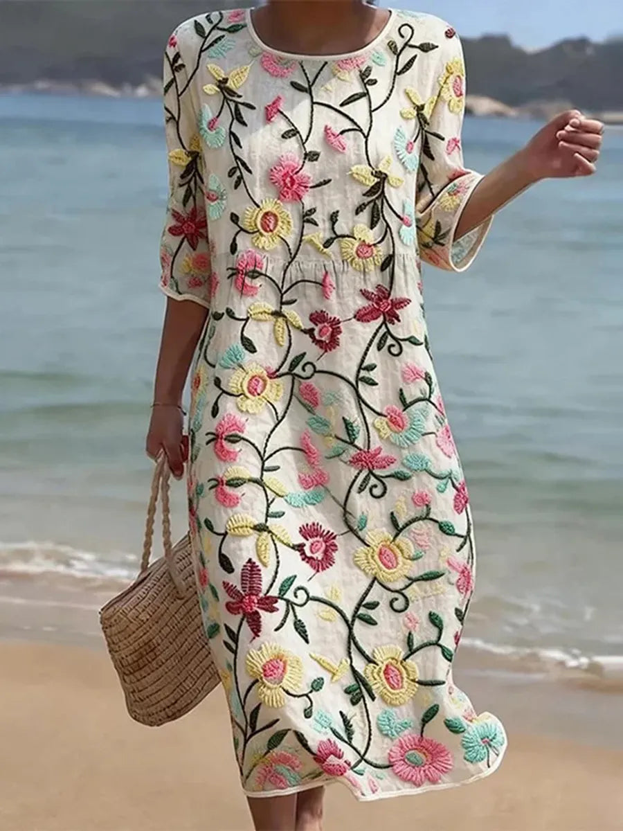 Rebecca | Damen Maxikleid mit Blumenmuster und Rundhalsausschnitt