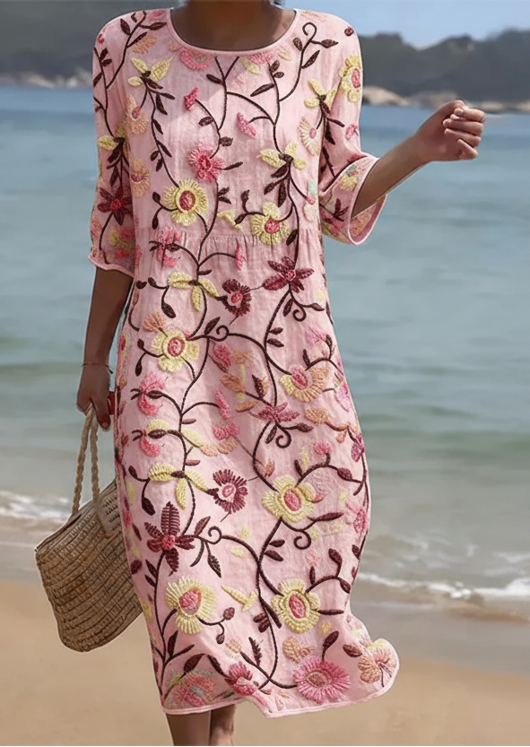 Rebecca in Pink | Damen Midikleid mit Blumenmuster und Rundhalsausschnitt