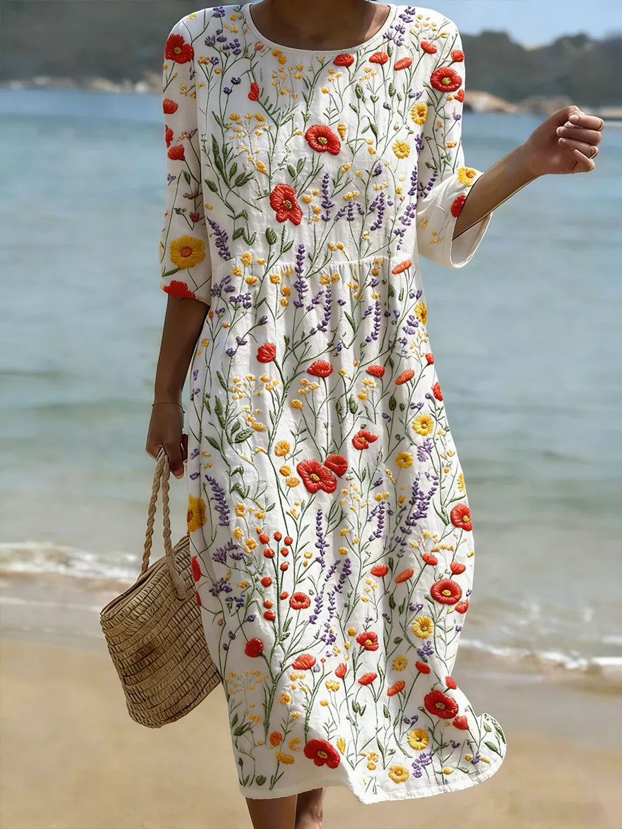 Christina | Blumenmuster Rundhals Maxi-Kleid für Damen mit Rundhalsausschnitt