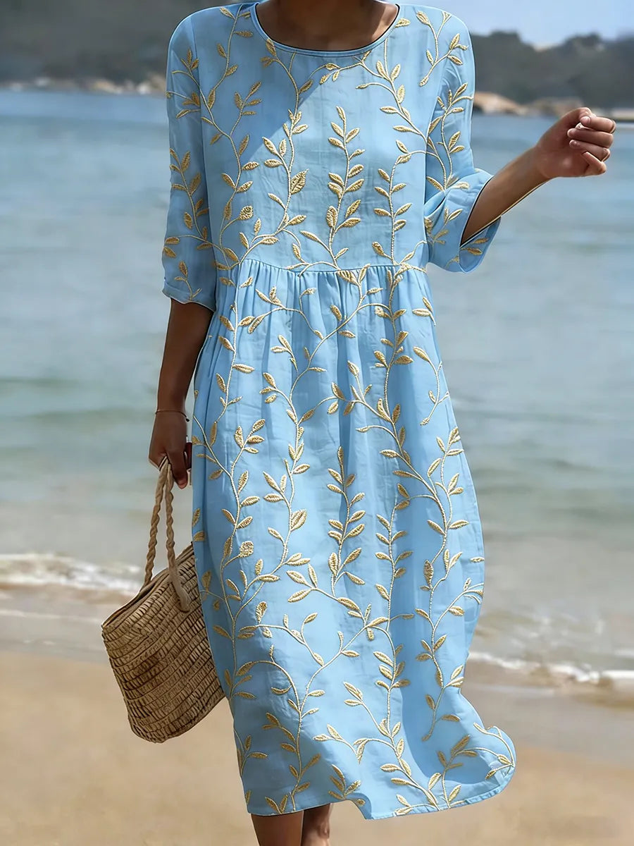 Natalie | Midi-Kleid für Damen mit Pflanzen- und Blumenmuster und Rundhalsausschnitt