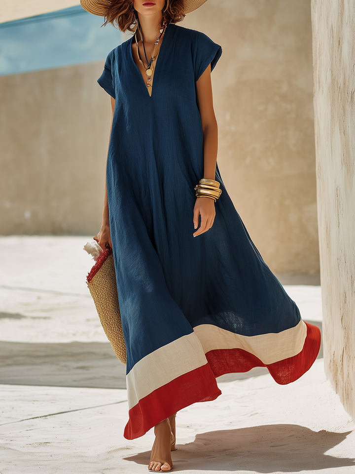 Damen V-Ausschnitt Maxikleid mit kurzen Ärmeln