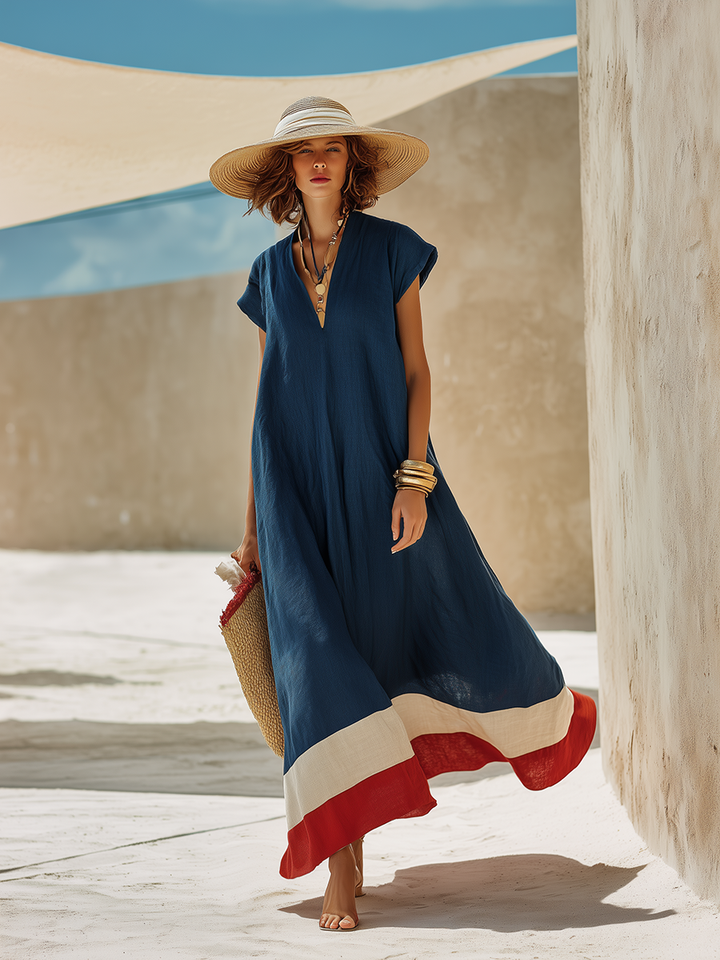 Damen V-Ausschnitt Maxikleid mit kurzen Ärmeln