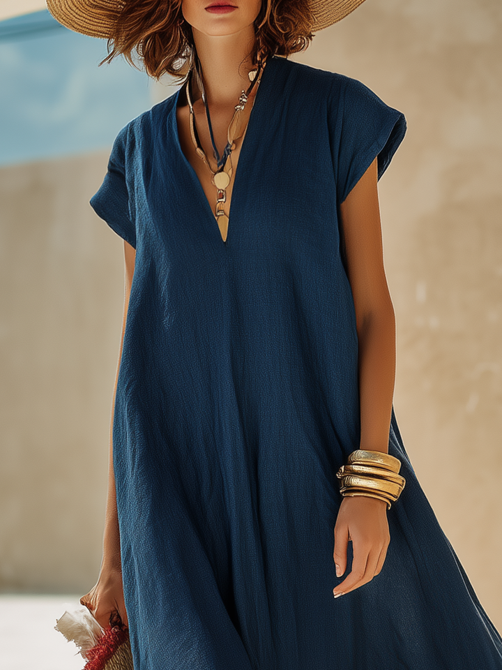 Damen V-Ausschnitt Maxikleid mit kurzen Ärmeln