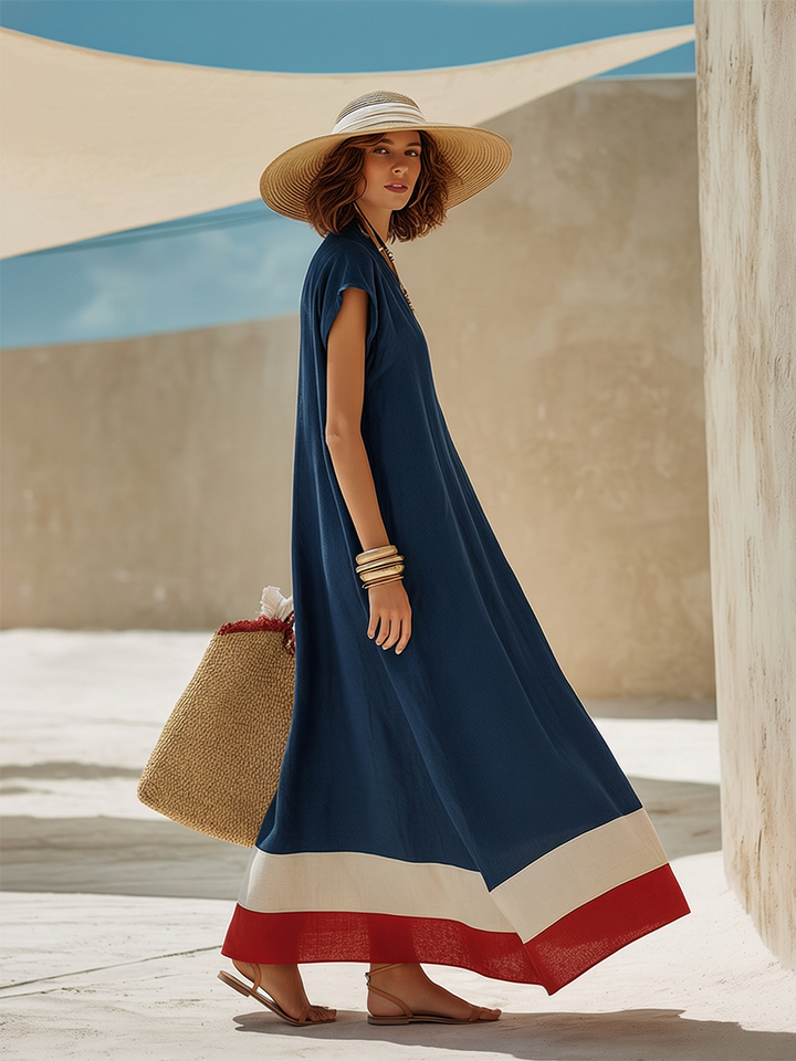 Damen V-Ausschnitt Maxikleid mit kurzen Ärmeln