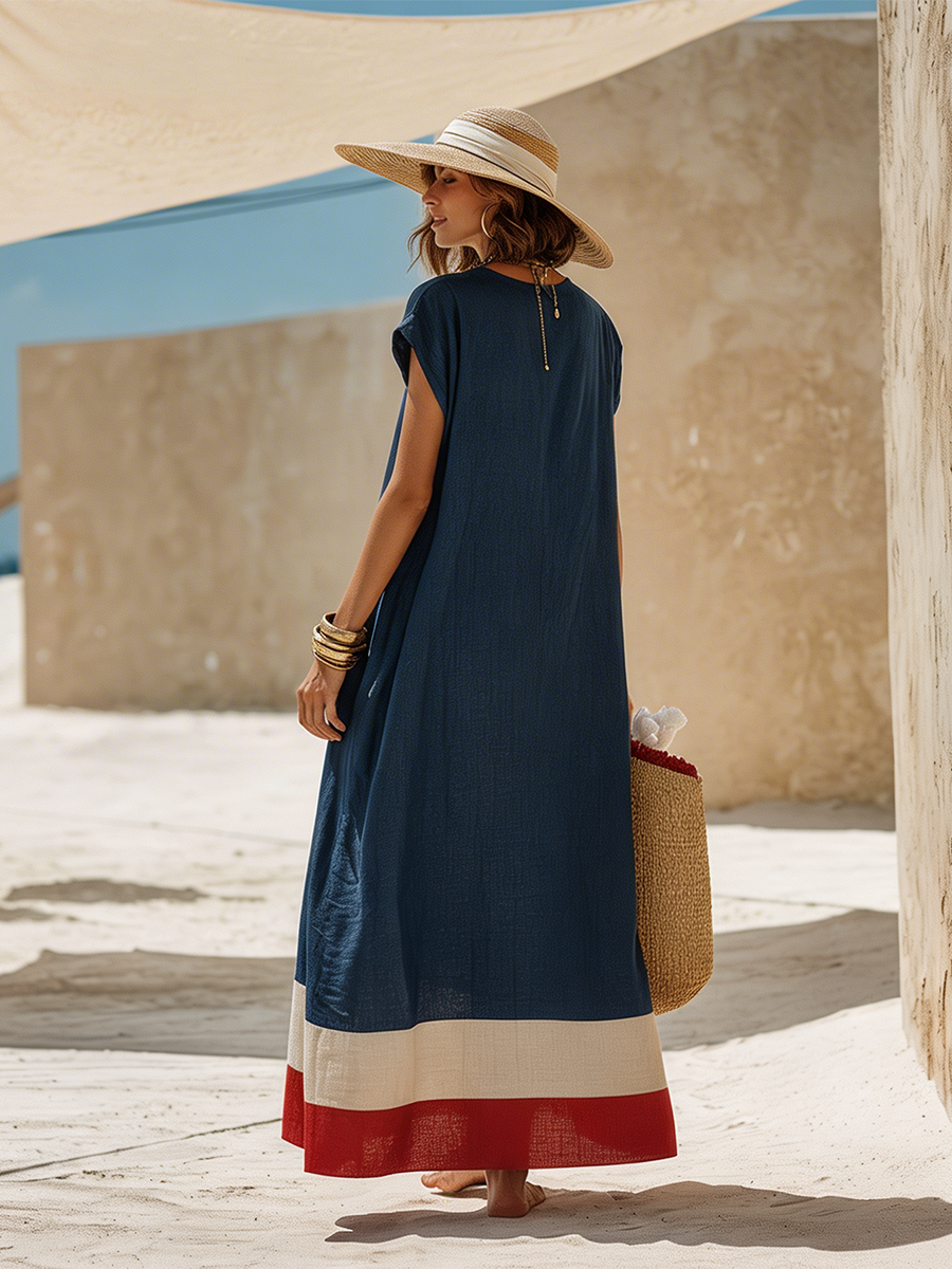 Damen V-Ausschnitt Maxikleid mit kurzen Ärmeln