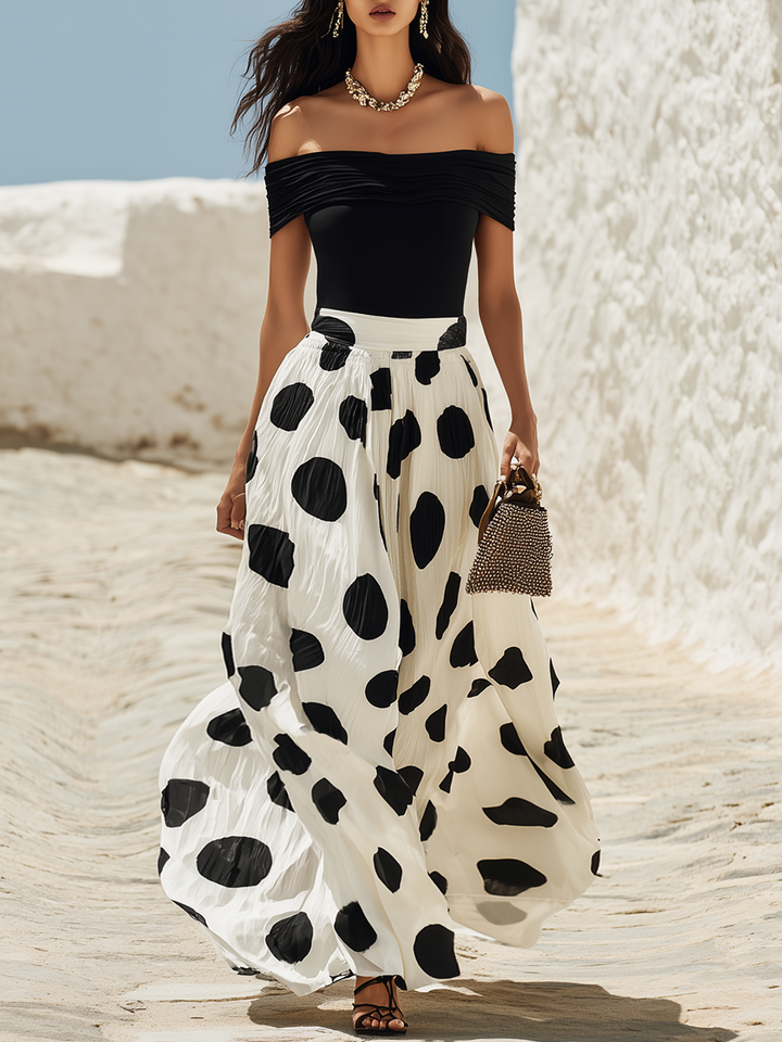Entspanntes Wochenende schulterfrei Polka Dot Maxikleid für Damen