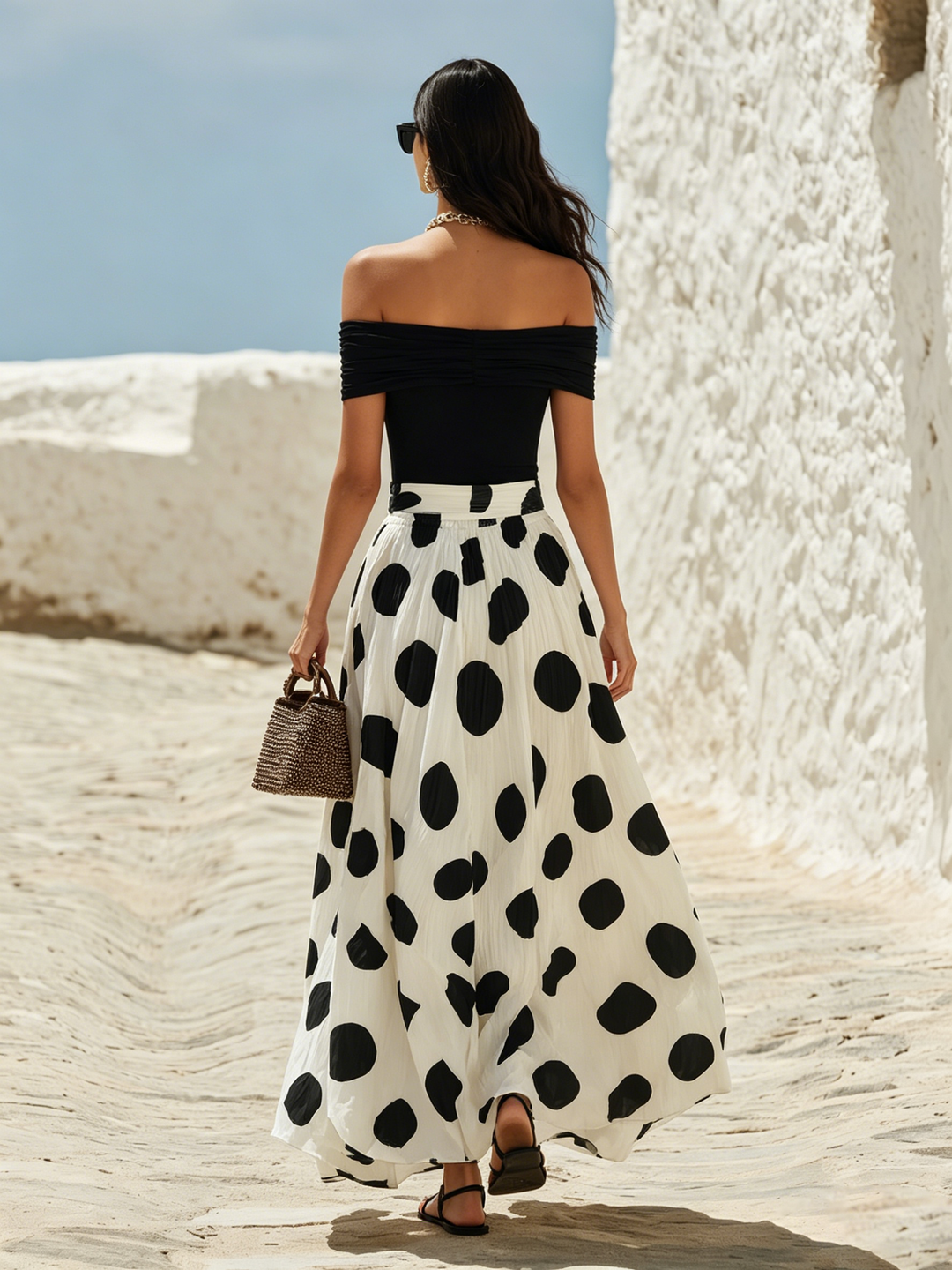 Entspanntes Wochenende schulterfrei Polka Dot Maxikleid für Damen
