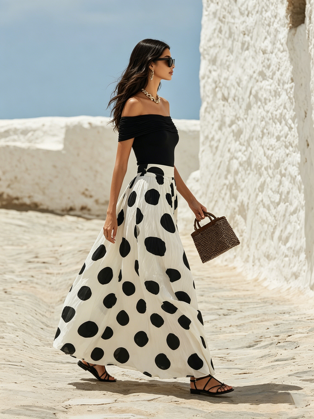 Entspanntes Wochenende schulterfrei Polka Dot Maxikleid für Damen