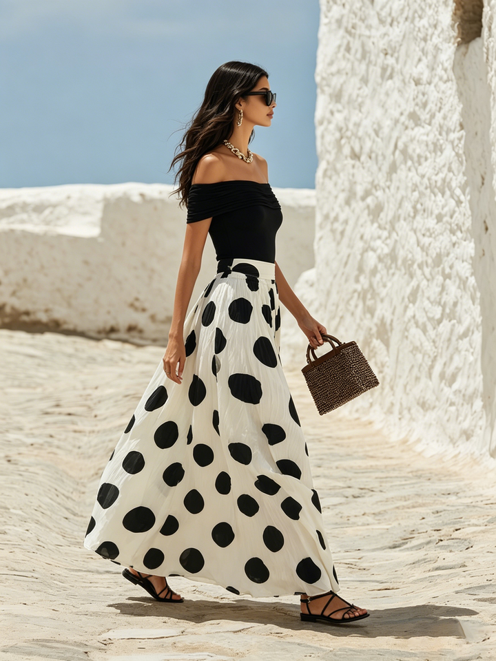 Entspanntes Wochenende schulterfrei Polka Dot Maxikleid für Damen