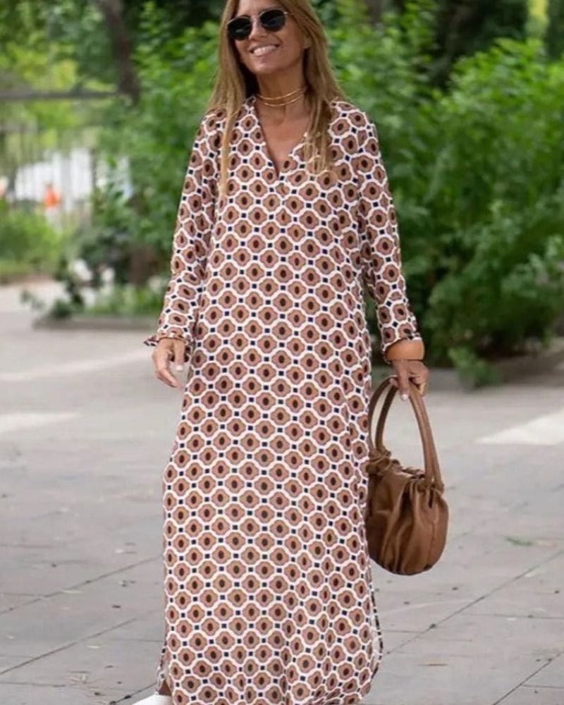 Chloe | Bauchbedeckendes Maxikleid für Damen mit V-Ausschnitt und langen Ärmeln