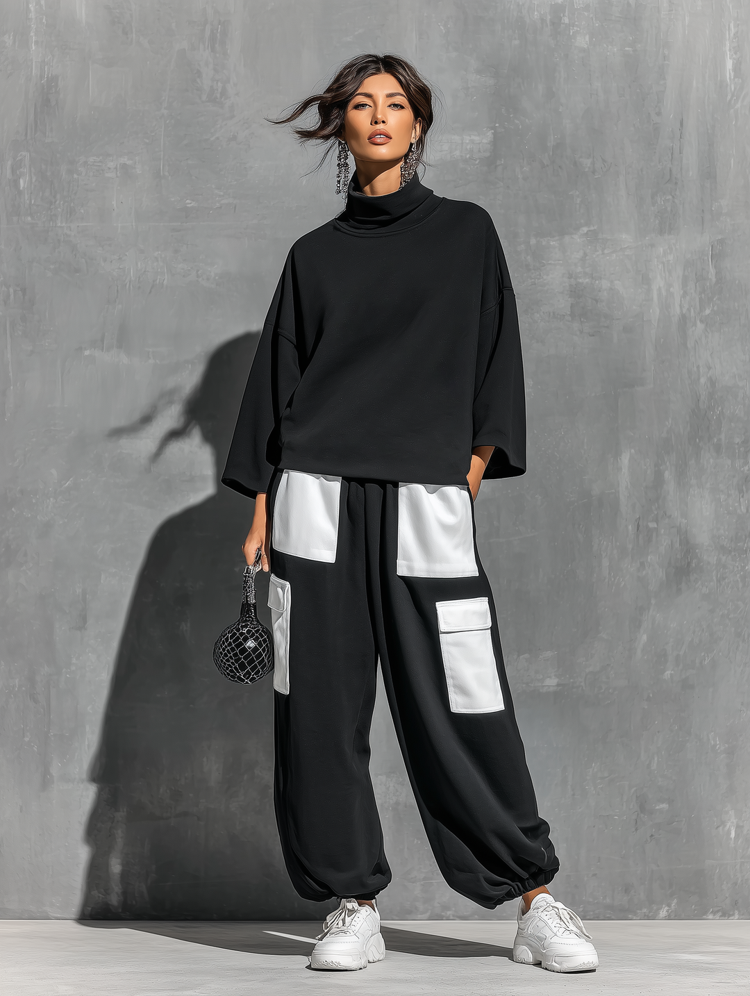 Damen Sweatshirt-Set mit Jogger-Cargohose und Taschen