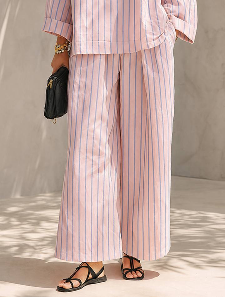 Damen gestreiftes Langarm-Top & weite Hose Set mit Taschen