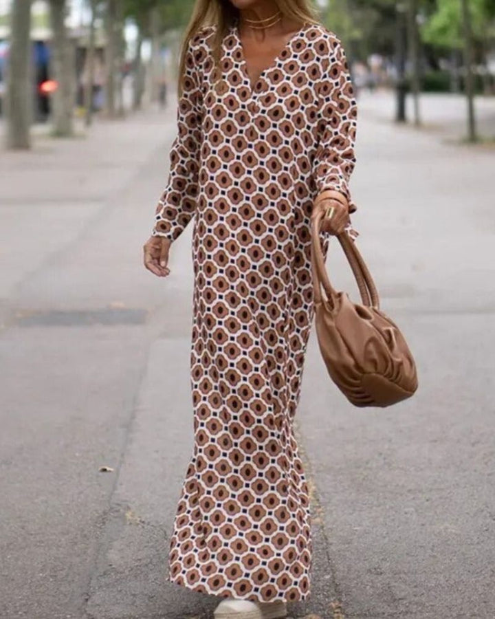 Chloe | Bauchbedeckendes Maxikleid für Damen mit V-Ausschnitt und langen Ärmeln