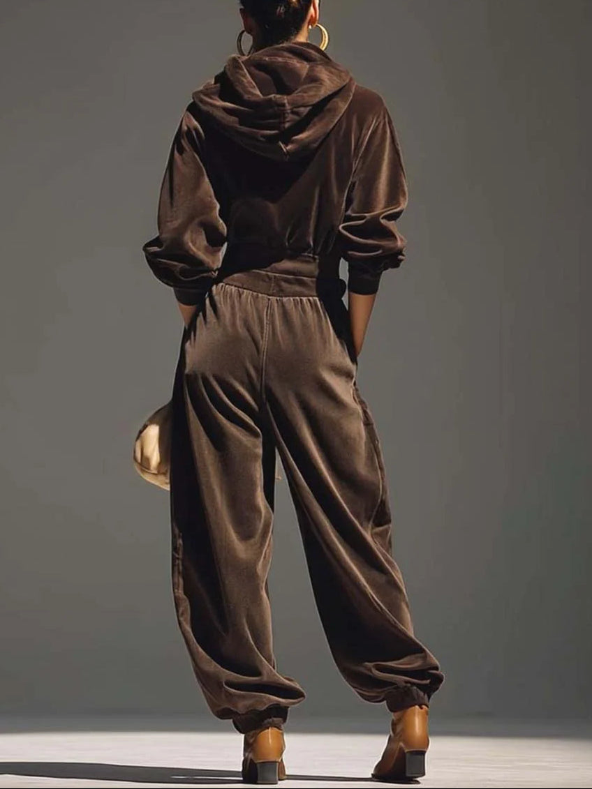 Retro Brauner Hoodie und Entspannte Hose Set (Gürtel Inklusive) für Damen